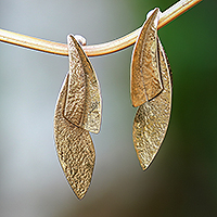 Brass drop earrings, 'Abstract Peaks' - Abstract Brass Drop Earrings with Stainless Steel Posts