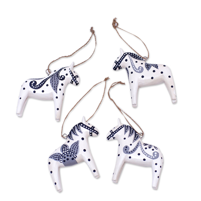 Wood ornaments, 'Dala Courage' (set of 4) - 4 Wood White Dala Horse Ornaments Carved & Painted by Hand