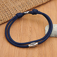 Sterling silver pendant cord bracelet, 'Navy Sparkle' - Adjustable Navy Nylon Cord Bracelet with Polished Pendant