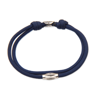 Sterling silver pendant cord bracelet, 'Navy Sparkle' - Adjustable Navy Nylon Cord Bracelet with Polished Pendant