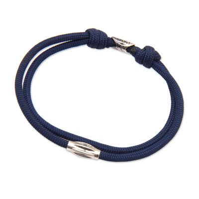 Pulsera de cordón con colgante de plata de ley - Pulsera Ajustable de Cordón de Nylon Azul Marino con Dije Pulido