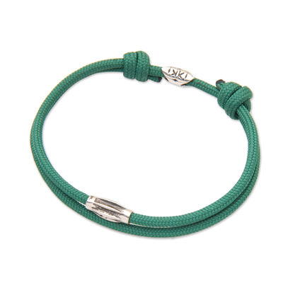 Pulsera de cordón con colgante de plata de ley - Pulsera Ajustable de Cordón de Nylon Verde con Colgante Pulido