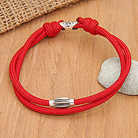 Sterling silver pendant cord bracelet, 'Vibrant Sparkle' - Adjustable Red Nylon Cord Bracelet with Polished Pendant