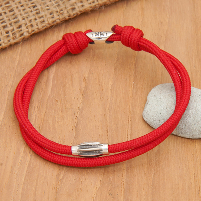 Sterling silver pendant cord bracelet, 'Vibrant Sparkle' - Adjustable Red Nylon Cord Bracelet with Polished Pendant