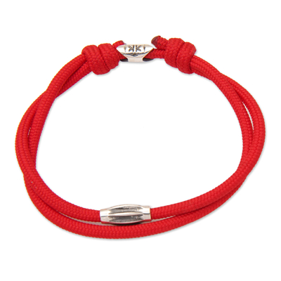Pulsera de cordón con colgante de plata de ley - Pulsera Ajustable de Cordón de Nylon Rojo con Colgante Pulido