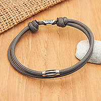 Sterling silver pendant cord bracelet, 'Mist Sparkle' - Adjustable Grey Nylon Cord Bracelet with Polished Pendant