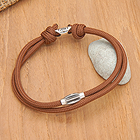 Sterling silver pendant cord bracelet, 'Brown Sparkle' - Adjustable Brown Nylon Cord Bracelet with Polished Pendant