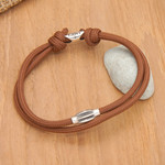 Sterling silver pendant cord bracelet, 'Brown Sparkle' - Adjustable Brown Nylon Cord Bracelet with Polished Pendant