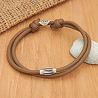 Sterling silver pendant cord bracelet, 'Coffee Sparkle' - Adjustable Dark Brown Nylon Cord Bracelet with Pendant