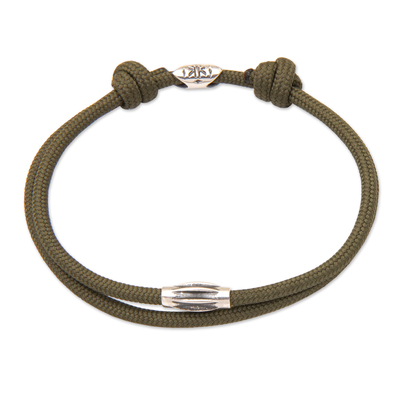 Sterling silver pendant cord bracelet, 'Nature Sparkle' - Adjustable Dark Green Nylon Cord Bracelet with Pendant