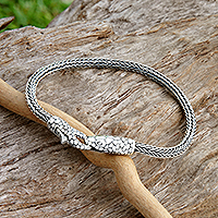 Sterling silver snake bracelet, 'Serpent Allure' - Sterling Silver Naga Chain Bracelet with Snake Pendant