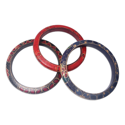 Batik wood bangle bracelets, 'Spring Trinity' - Set of 3 Colorful Floral Batik Wadang Wood Bangle Bracelets