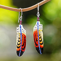 Garnet beaded dangle earrings, 'Courage Feathers' - Handcrafted Red Feather Dangle Earrings with Garnet Beads