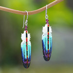 Garnet beaded dangle earrings, 'Intuition Feathers' - Handcrafted Blue Feather Dangle Earrings with Garnet Beads