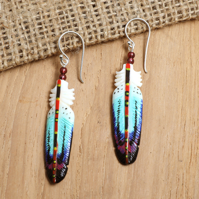 Garnet beaded dangle earrings, 'Intuition Feathers' - Handcrafted Blue Feather Dangle Earrings with Garnet Beads