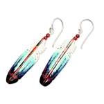 Garnet beaded dangle earrings, 'Intuition Feathers' - Handcrafted Blue Feather Dangle Earrings with Garnet Beads