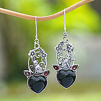 Garnet dangle earrings, 'Jungle Love' - Nature-Themed Heart-Shaped Dangle Earrings with Garnet Gems