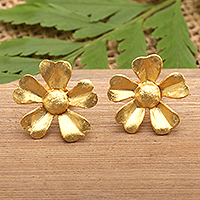Gold-plated button earrings, 'Fortune Bloom' - Handcrafted Floral 18k Gold-Plated Button Earrings from Bali