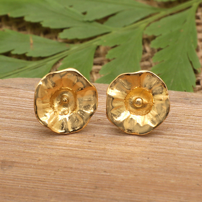 Gold-plated button earrings, 'Eden Blooming' - 18k Gold-Plated Floral Button Earrings in a Polished Finish