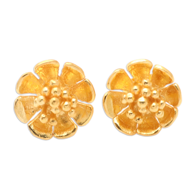 Gold-plated button earrings, 'Blooming Sunrise' - Floral 18k Gold-Plated Button Earrings Crafted in Bali