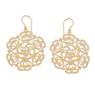 Gold-plated filigree dangle earrings, 'Palace Braids' - Spiral 18k Gold-Plated Filigree Dangle Earrings from Bali