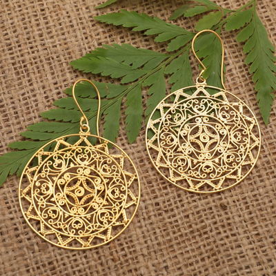Gold-plated filigree dangle earrings, 'Aurora Chakra' - Geometric 18k Gold-Plated Filigree Dangle Earrings from Bali