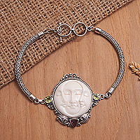 Garnet and peridot pendant bracelet, 'Moon Gathering' - Moon-Themed Sterling Silver Bracelet with Peridot and Garnet
