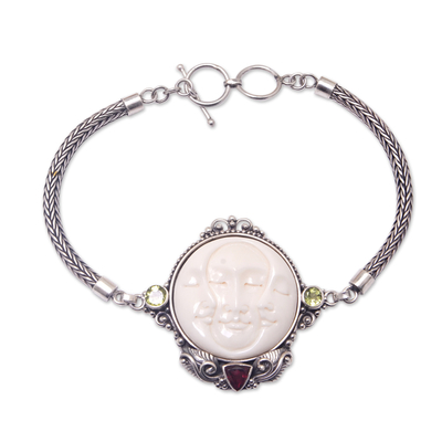 Garnet and peridot pendant bracelet, 'Moon Gathering' - Moon-Themed Sterling Silver Bracelet with Peridot and Garnet