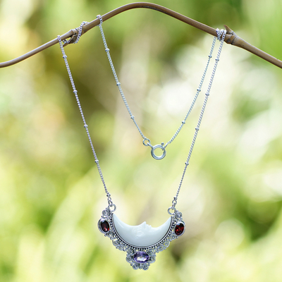 Handcrafted Sterling Silver Moon Necklace with 1-Carat Gems, 'Nocturnal  Aura'