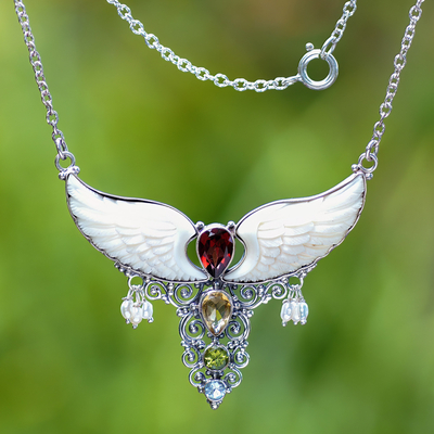 Multi-gemstone pendant necklace, 'Nocturnal Aura' - Wing-Themed Multi-Gemstone Pendant Necklace from Bali