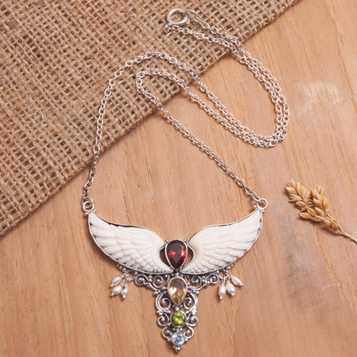 Multi-gemstone pendant necklace, 'Nocturnal Aura' - Wing-Themed Multi-Gemstone Pendant Necklace from Bali