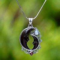 Rainbow moonstone and garnet pendant necklace, 'Shadow Harmony' - Moon Sterling Silver Pendant Necklace with Natural Gems