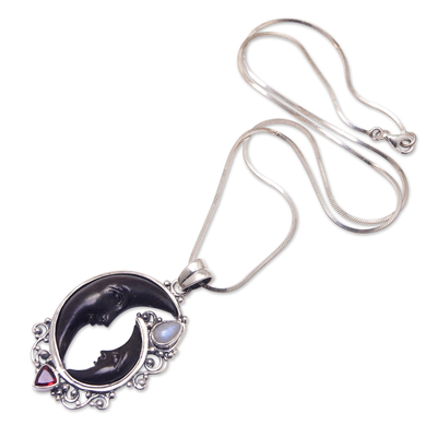 Collar con colgante de granate y piedra lunar arcoíris - Collar con colgante de luna de plata esterlina con gemas naturales