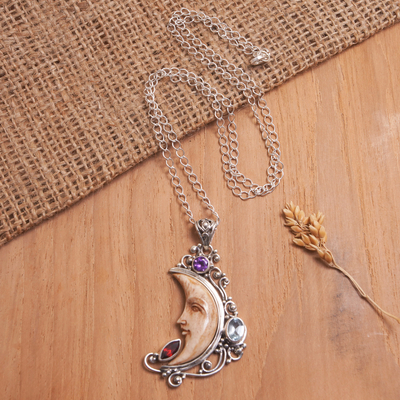Multi-gemstone pendant necklace, 'Celestial Warmth' - Sterling Silver Pendant Necklace with Gems and Moon Motifs