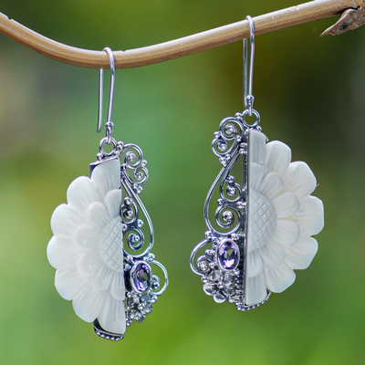 Amethyst dangle earrings, 'Primaveral Glamour' - Floral Sterling Silver Dangle Earrings with Amethyst Gems