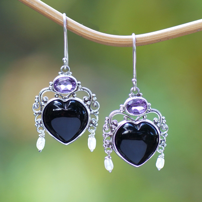 Amethyst dangle earrings, 'Love Like Midnight' - Amethyst and Cultured Pearl Heart Dangle Earrings from Bali