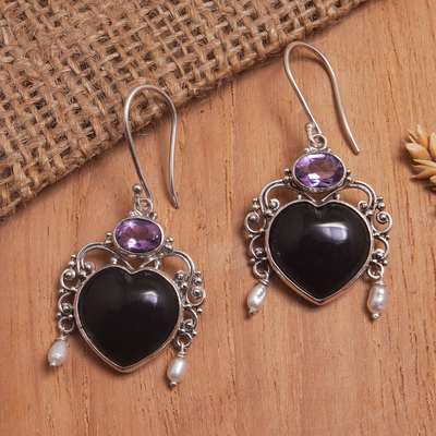 Amethyst dangle earrings, 'Love Like Midnight' - Amethyst and Cultured Pearl Heart Dangle Earrings from Bali