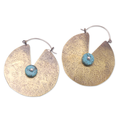 Brass hoop earrings, 'Sanur Paradise' - Textured Brass Hoop Earrings with Recon Turquoise Stones