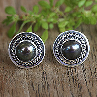 Cultured pearl stud earrings, 'Perfect Shield'