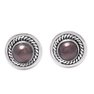 Cultured pearl stud earrings, 'Perfect Shield' - Sterling Silver Stud Earrings with Brown Cultured Pearls
