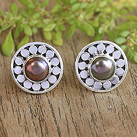 Cultured pearl stud earrings, 'Fabulous Flair' - Round Sterling Silver Stud Earrings with Cultured Pearls