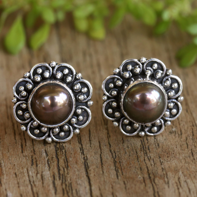 Cultured pearl stud earrings, 'Summer Bloom' - Sterling Silver Floral Stud Earrings with Cultured Pearls