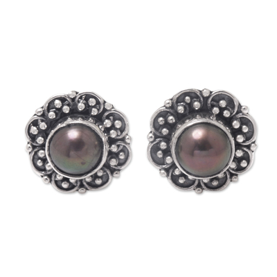 Cultured pearl stud earrings, 'Summer Bloom' - Sterling Silver Floral Stud Earrings with Cultured Pearls