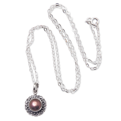 Cultured pearl pendant necklace, 'Summer Bloom' - Cultured Pearl and Sterling Silver Floral Pendant Necklace