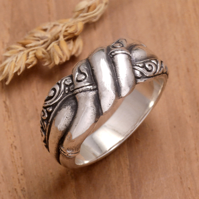 Sterling silver band ring, 'Braided Jungle' - Braided Sterling Silver Band Ring with Traditional Motifs