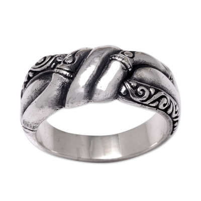Sterling silver band ring, 'Braided Jungle' - Braided Sterling Silver Band Ring with Traditional Motifs
