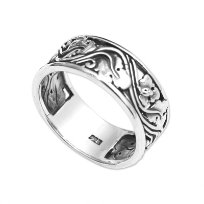 Sterling silver band ring, 'Palatial Leaves' - Polished Sterling Silver Band Ring with Leafy Motifs