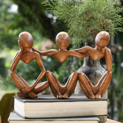 Wood sculpture, 'Friendly Illusion' - Hand-Carved Semi-Abstract Suar Wood Sculpture of Friends