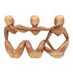 Wood sculpture, 'Friendly Illusion' - Hand-Carved Semi-Abstract Suar Wood Sculpture of Friends