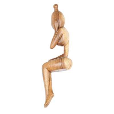Hand-Carved Semi-Abstract Suar Wood Sculpture of Woman, 'My Time